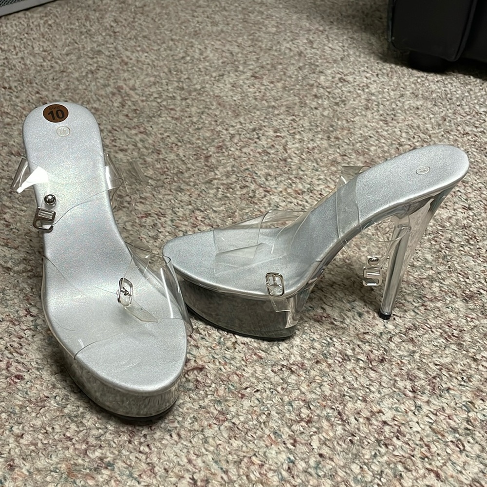 New clear translucent platform ankle strap heels